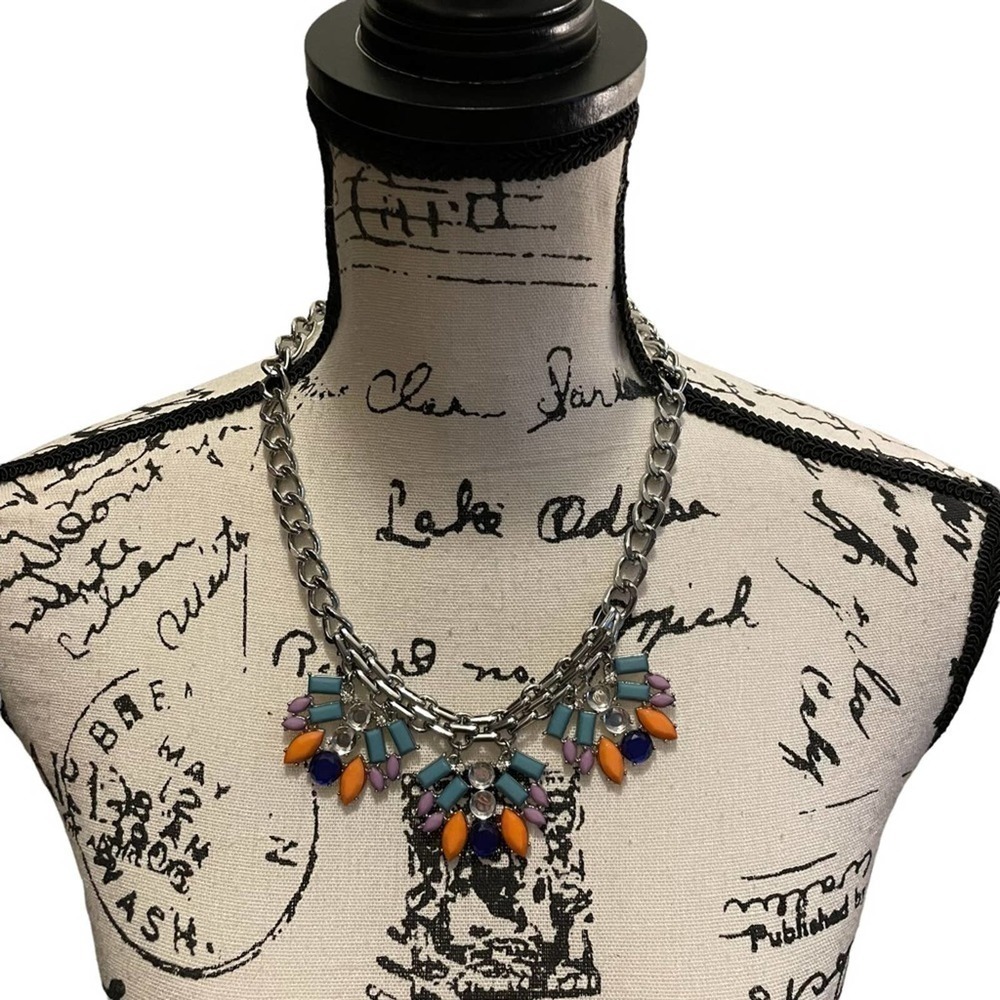 Necklace Fashion Jewelry Statement Beaded Blue Silver Chain link Aztec Bougie